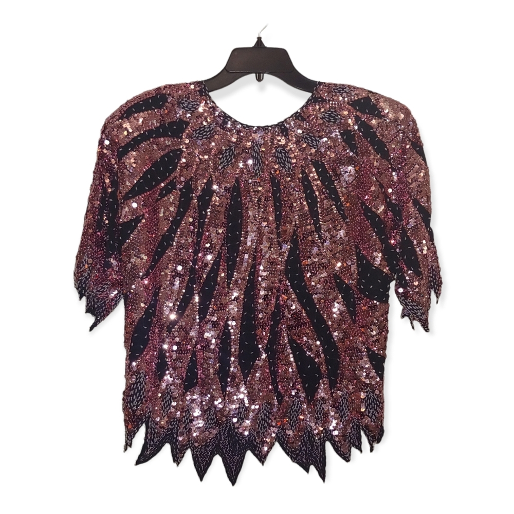 M Iris Best Quality Vintage Sequined Pink Black Top